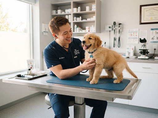 Médico veterinario Dr. Gustavo Gregorutti examinando con estetoscopio a un cachorro golden retriever en camilla clínica